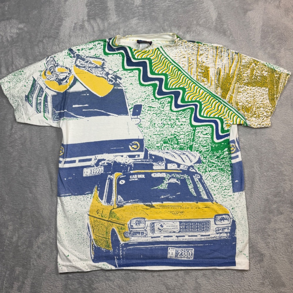 Vintage Weekends Beachwear T Shirt Mens L White Car Surf All Over Print 90s